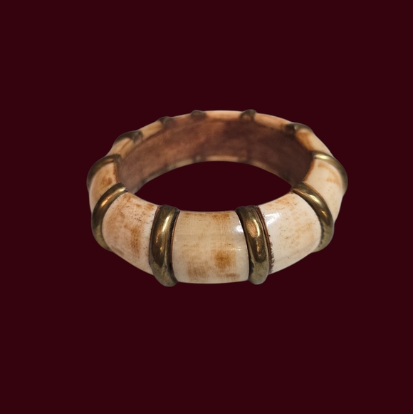Vintage Bone Over Wood With Brass Inserts Bangle Bracelet - Picture 6 of 7